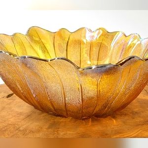 INDIANA GLASS Carnival Glass Amber Iridescent Sunflower Bowl, Lily Pons Marygold